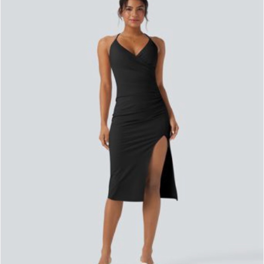HALARA Elegant Black Midi Dress with Wrap Design